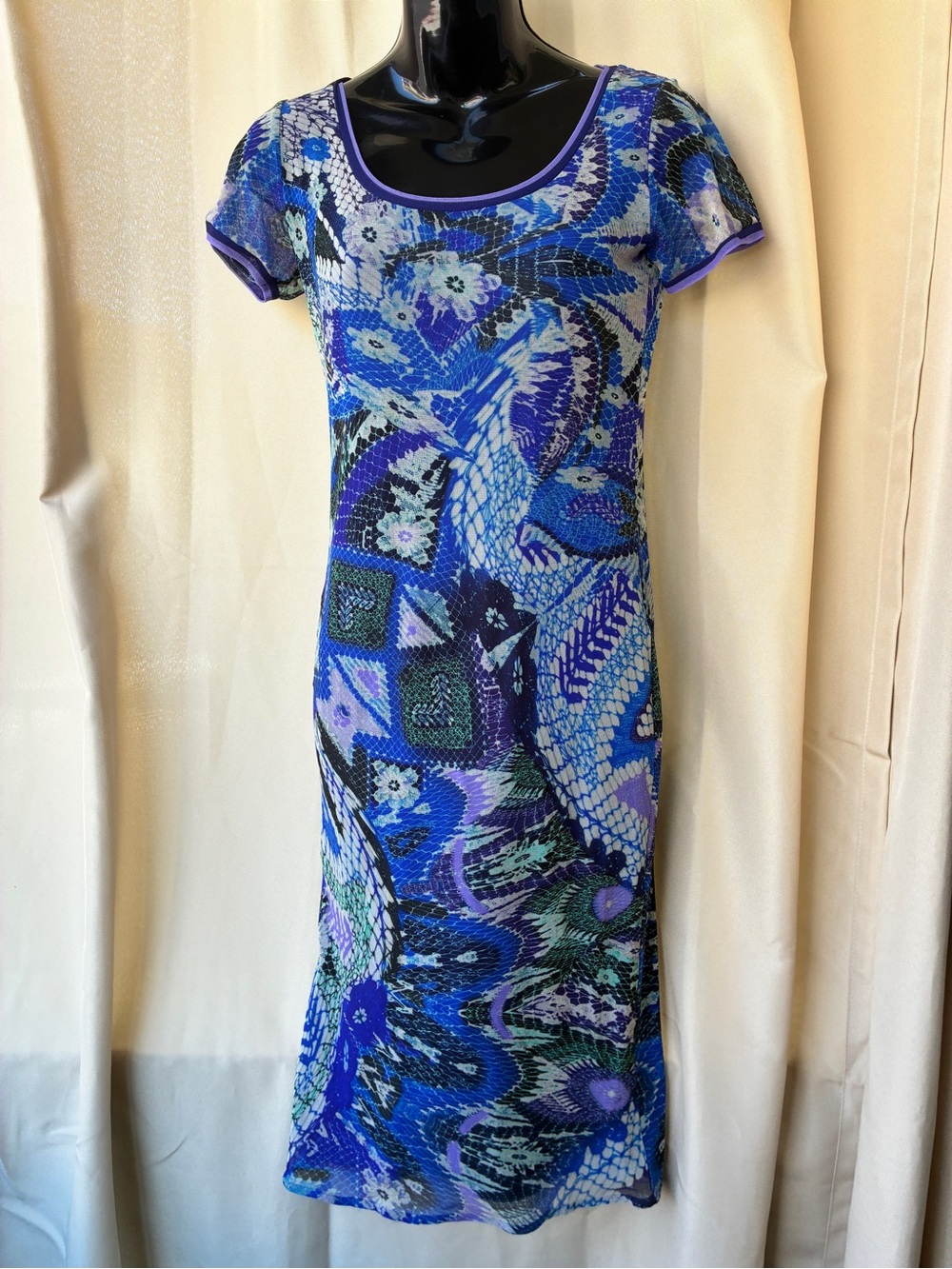 Y2K Fuzzi Scoop Neck Short Sleeve Stretch Mesh Tulle Abstract Patchwork Dress M